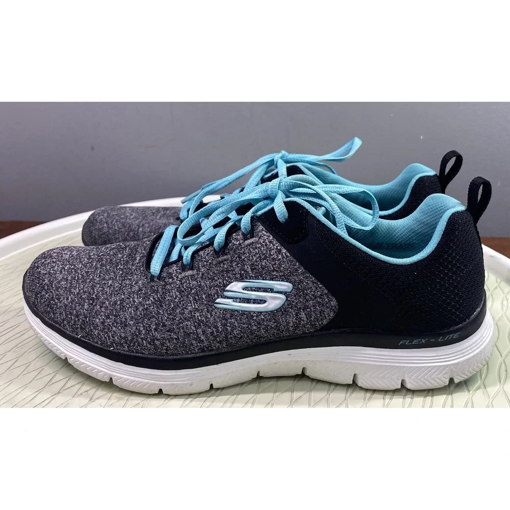 Skechers Flex‎ Lite Womens Gray/Black/Blue Shoes Memory Foam Sneakers Sz.9